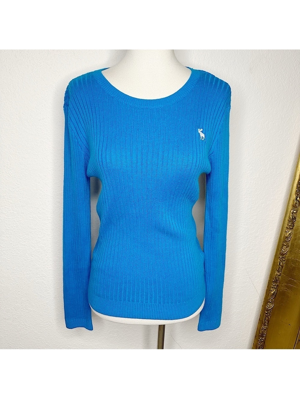 NWT Abercrombie & Fitch Y2K Ribbed Blue Long Sleeve Sweater Top Size Large $58